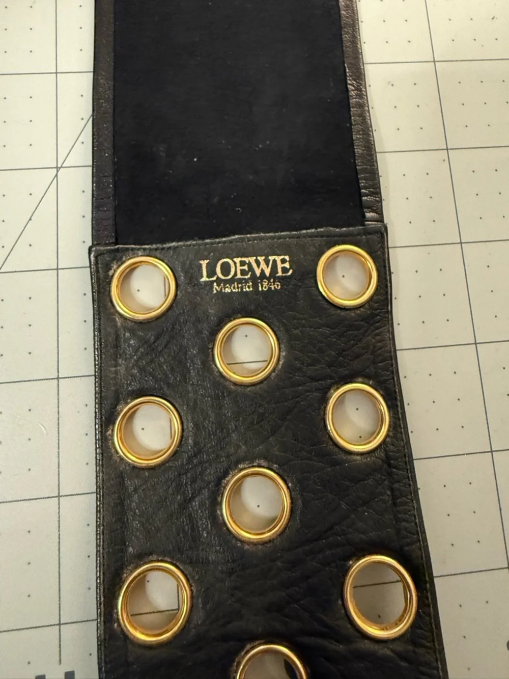 Vintage LOEWE Black Leather Gold Grommet Belt Madrid 1846 Made in France - Picture 3 of 6